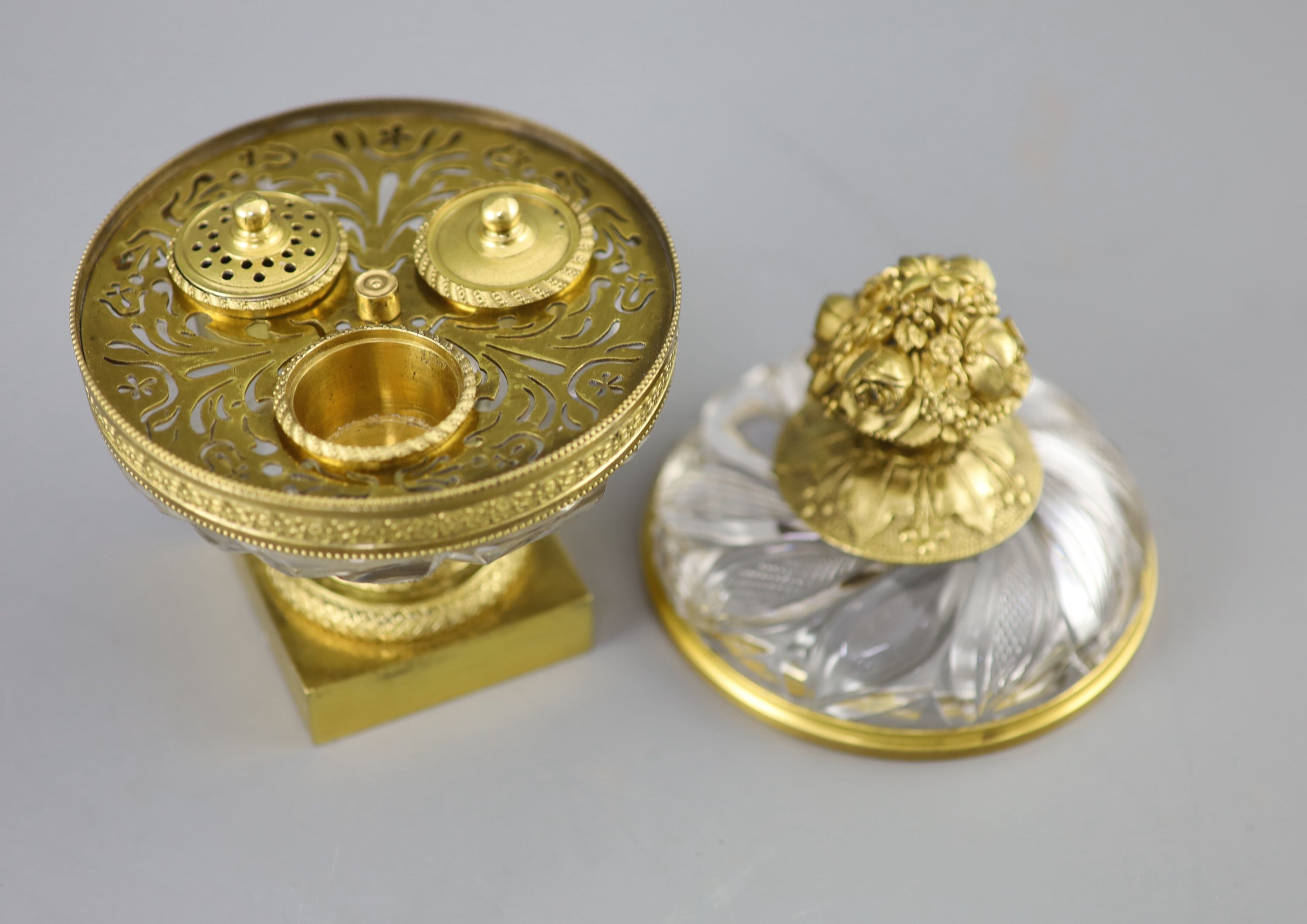 A French cut glass and ormolu urn shaped ink stand, second quarter 19th century, 17cm high